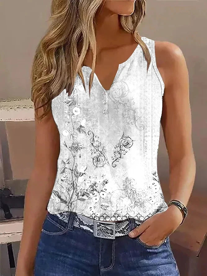 Women's Tank Top Floral Casual Holiday Button Print White Short Sleeve Basic V Neck