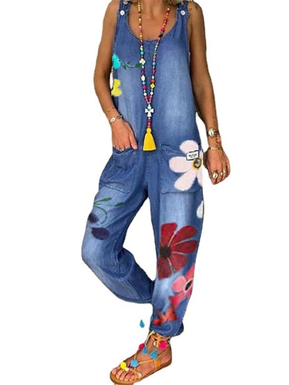 Women's Jumpsuit Pocket Print Floral U Neck Streetwear School Dailywear Regular Fit Sleeveless Blue Gray S M L Summer - LuckyFash™