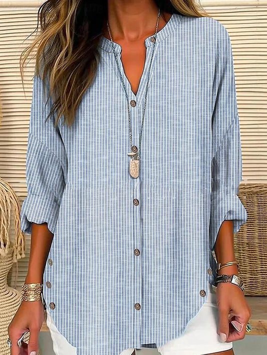 Women's Shirt Blouse Striped Daily Vacation Button Print Blue Long Sleeve Casual V Neck Spring & Summer