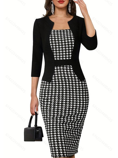 Women's Work Dress Semi Formal Dress Tunic Dress Fashion Winter Dress Office Midi Dress Print Square Neck 3/4 Length Sleeve Houndstooth Slim Black Spring Fall S M L XL