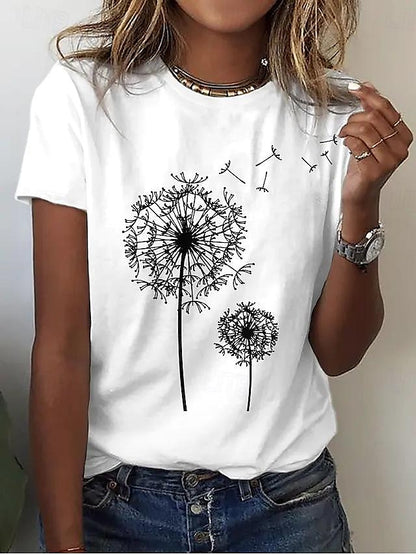 Women's T shirt Tee Dandelion Daily Weekend Print Black Short Sleeve Fashion Round Neck Summer