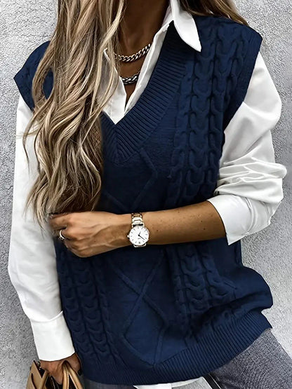 Women's Sweater Vest V Neck Ribbed Cable Knit Acrylic Patchwork Fall Winter Regular Outdoor Daily Going out Stylish Casual Soft Sleeveless Solid Color Black Wine Navy Blue S M L