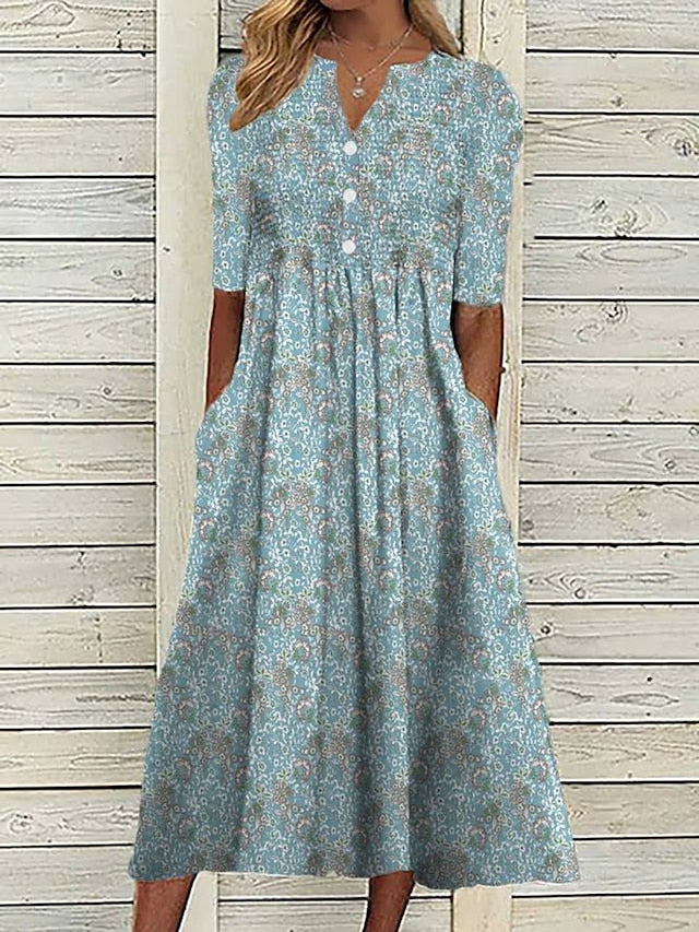 Women's Casual Dress Summer Dress Print Dress Graphic Floral Ruched Button V Neck Midi Dress Fashion Mature Daily Vacation Short Sleeve Regular Fit Blue Dark Blue Summer Spring S M L XL XXL - LuckyFash™