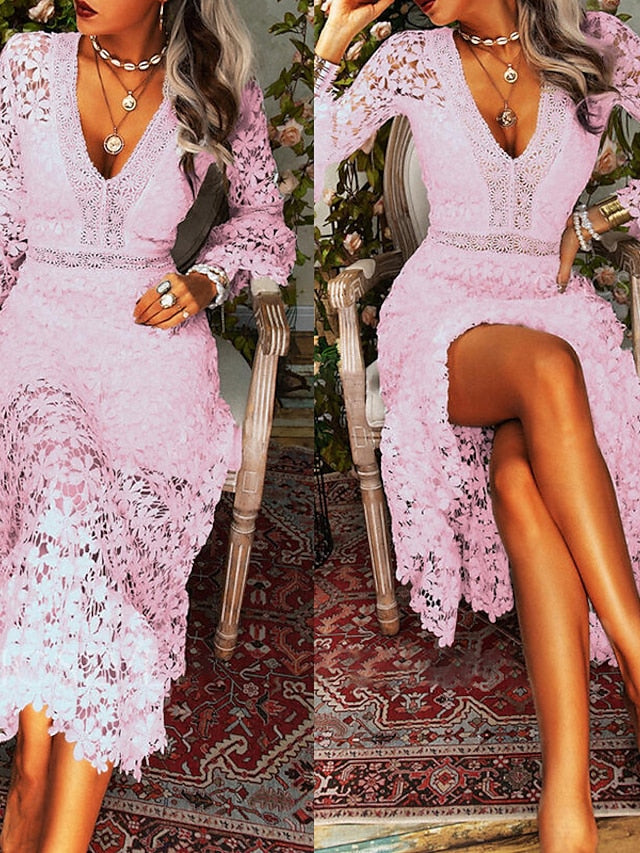 Women's Wedding Guest Dress Party Dress Lace Dress Long Dress Maxi Dress White Yellow Pink Long Sleeve Pure Color Lace Summer Spring Fall Deep V Fashion Winter Dress Birthday Wedding Guest 2022 S M L - LuckyFash™