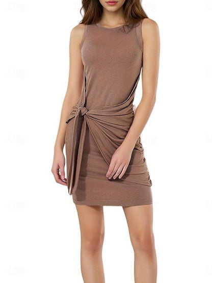 Women's Work Dress Shift Dress Elegant Office Daily Mini Dress Tie Knot Crew Neck Sleeveless Plain Slim Brown Summer S M L XL