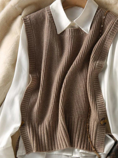 Women's Sweater Vest Crew Neck Ribbed Knit Cotton Spandex Yarns Button Oversized Summer Fall Outdoor Daily Going out Stylish Casual Soft Sleeveless Solid Color Brown Khaki Beige One-Size