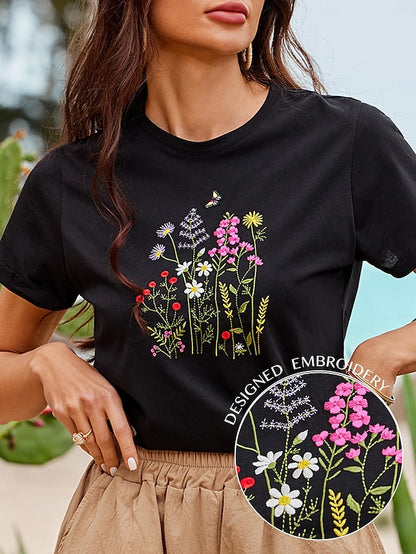 Women's Summer Tops Blouse Embroidered Black Short Sleeve Crew Neck Summer Spring