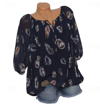 Women's Shirt Blouse Chiffon Feather Daily Vacation Print Black 3/4 Length Sleeve Casual V Neck Spring & Summer