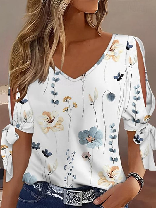 Women's Shirt Blouse Floral Daily Vacation Cut Out Print White Short Sleeve Casual V Neck Summer