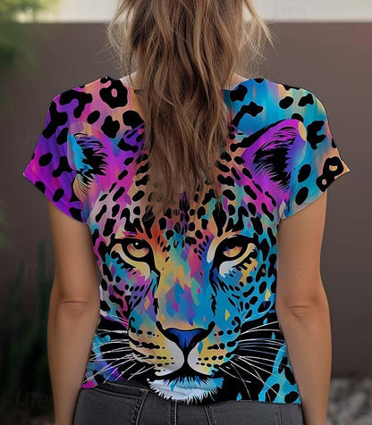 Women's T shirt Tee Leopard Daily Weekend Print Blue Short Sleeve Fashion Crew Neck Summer