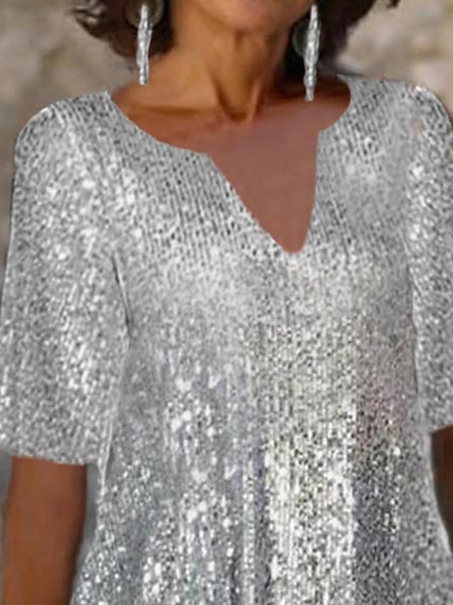 Women's Wedding Guest Dress Party Dress Sequin Dress Midi Dress Silver Short Sleeve Pure Color Sequins Summer Spring Split Neck Party Office Vacation Summer Dress S M L XL 2XL 3XL - LuckyFash™