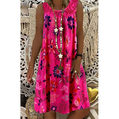 Women‘s Shift Dress Knee Length Dress White Black Army Green Fuchsia Navy Blue Sleeveless Floral Print Spring Summer Round Neck Hot Casual Boho Loose 2023 M L XL XXL 3XL 4XL 5XL