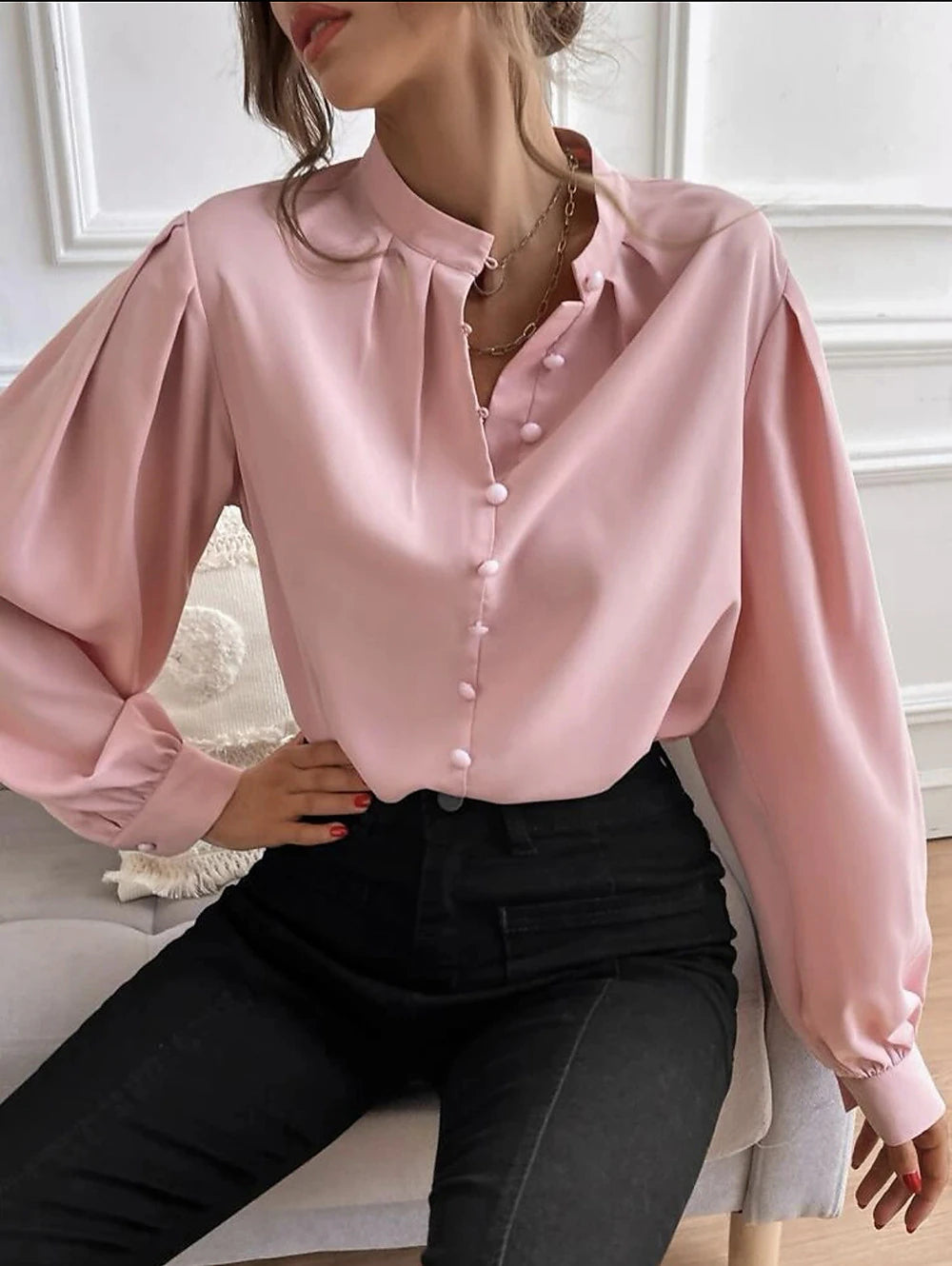 Women's Shirt Lantern Sleeve Blouse Plain Work Button Black Long Sleeve Daily Standing Collar Spring &  Fall