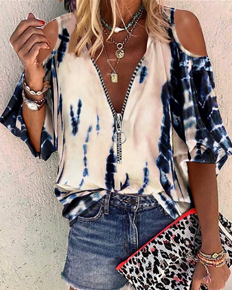 Women's Shirt Blouse Tie Dye Dandelion Casual Print Quarter Zip Black Half Sleeve Basic Half Zip V Neck