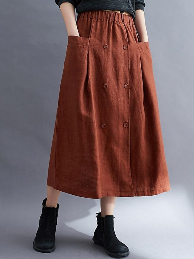 Women's Skirt A Line Long Skirt Linen Skirts Midi Skirts Pocket Split Ends Solid Colored Street Daily Spring & Summer Cotton Linen coastal grandma style Basic Casual Long Black Brown Green Apricot