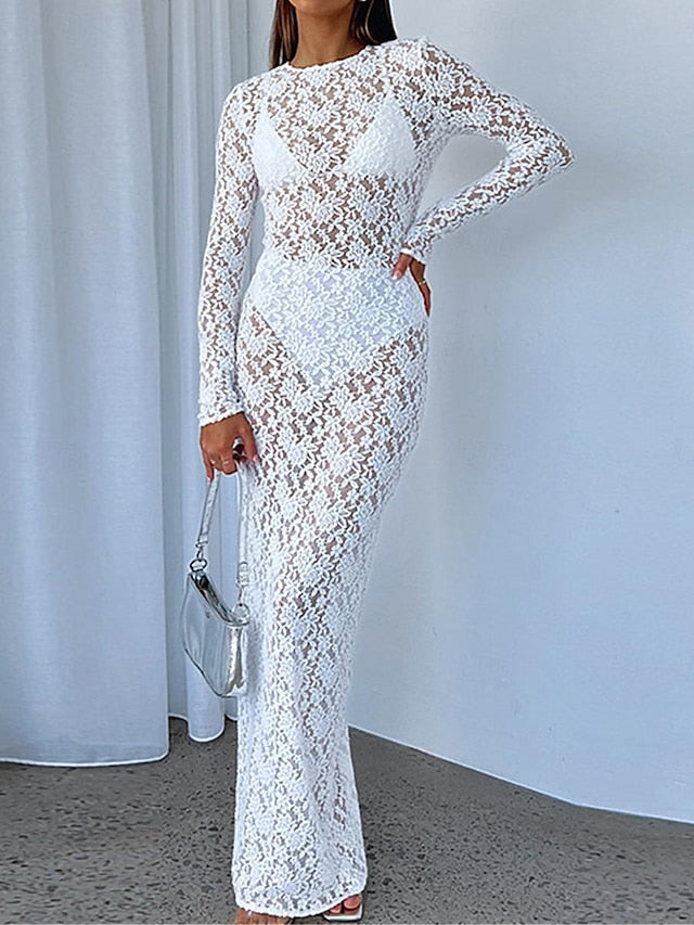 Women's White Dress Lace Dress Casual Dress Long Dress Maxi Dress Lace Patchwork Date Vacation Streetwear Maxi Crew Neck Long Sleeve Black White Color