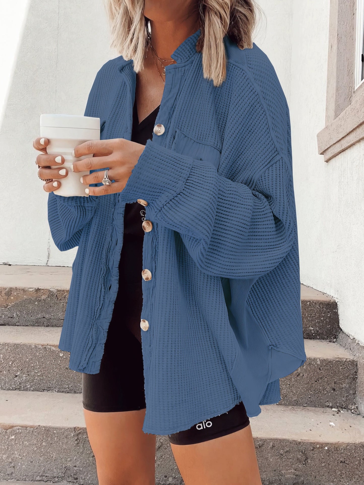 Waffle Button Long Sleeve Shirt Coat