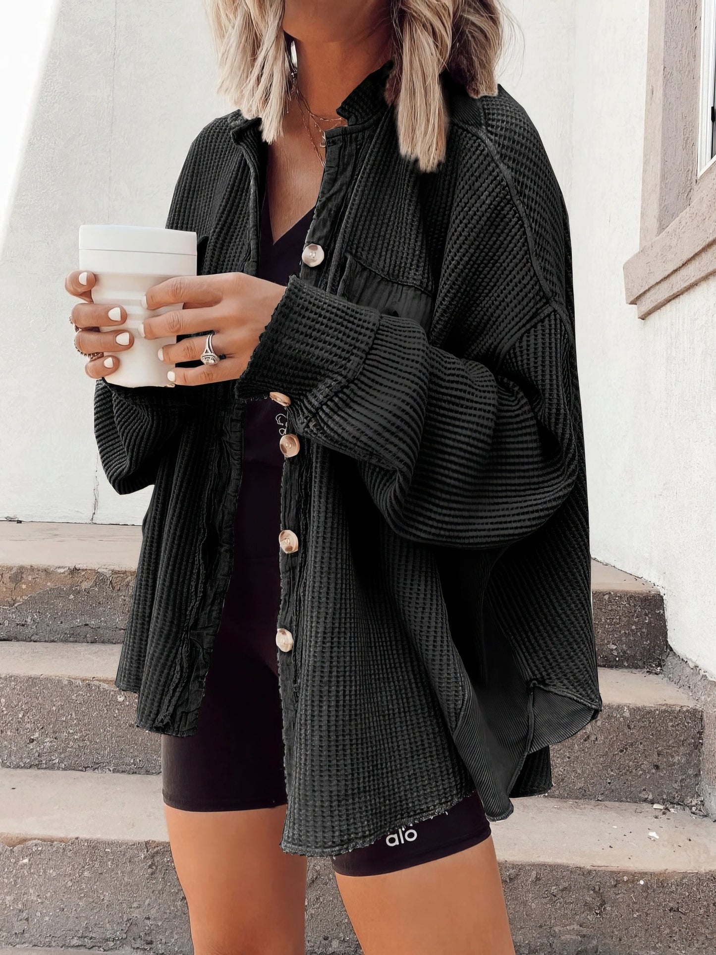 Waffle Button Long Sleeve Shirt Coat