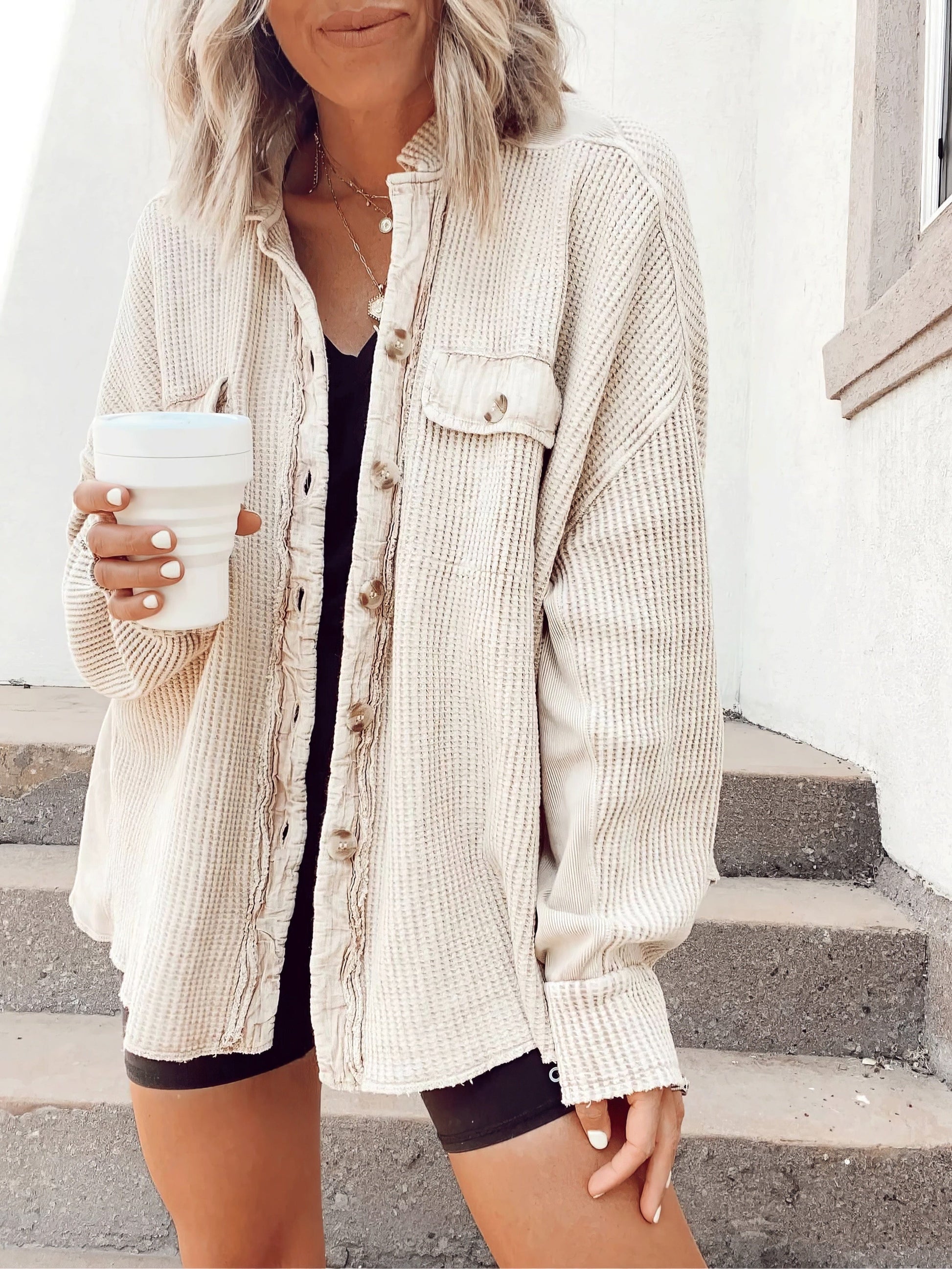 Waffle Button Long Sleeve Shirt Coat