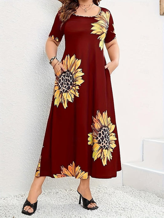 Women's Sunflower Patchwork Crew Neck Midi Dress Classic Vacation Short Sleeve Summer