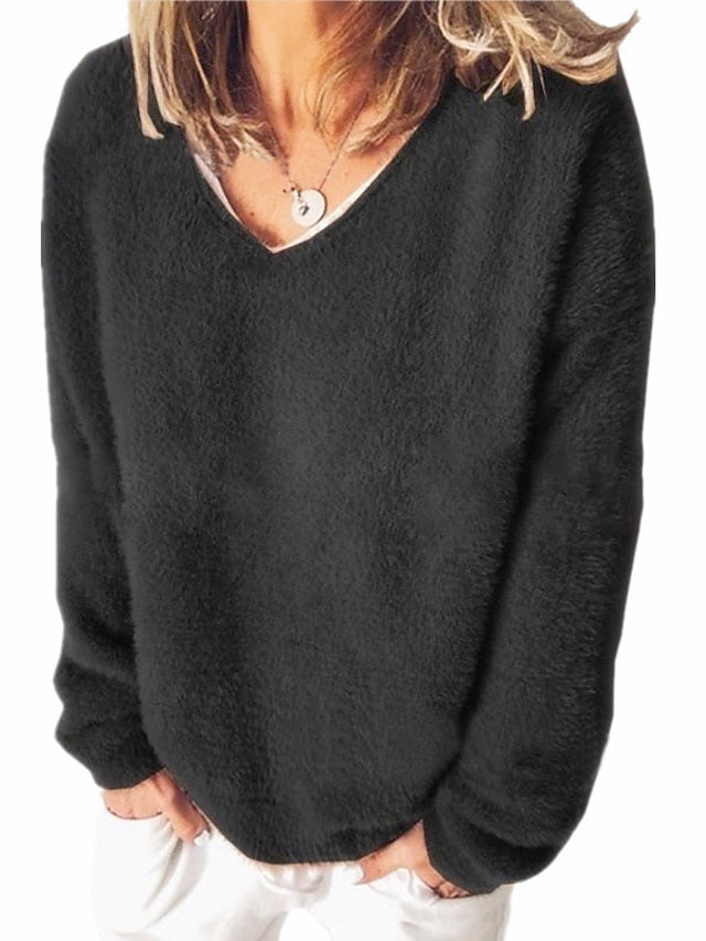 Women's Sweatshirt Pullover Fleece Solid Color Street Casual Black Wine Navy Blue Teddy Fuzzy V Neck Long Sleeve Top Micro-elastic Fall & Winter