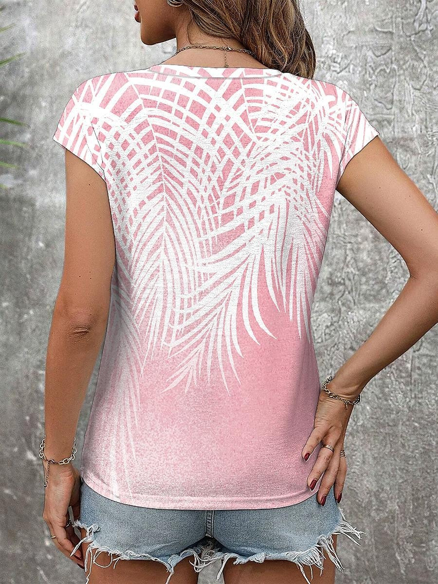 Women's T shirt Tee Leaf Vacation Print White Short Sleeve Tropical Hawaiian V Neck Summer