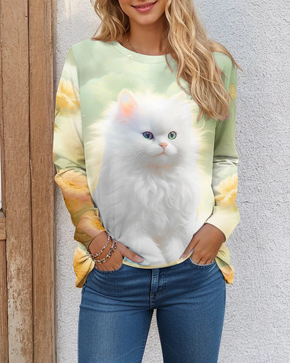 Women's T shirt Tee Cat 3D Daily Weekend Print Light Green Long Sleeve Fashion Funny Round Neck Spring &  Fall