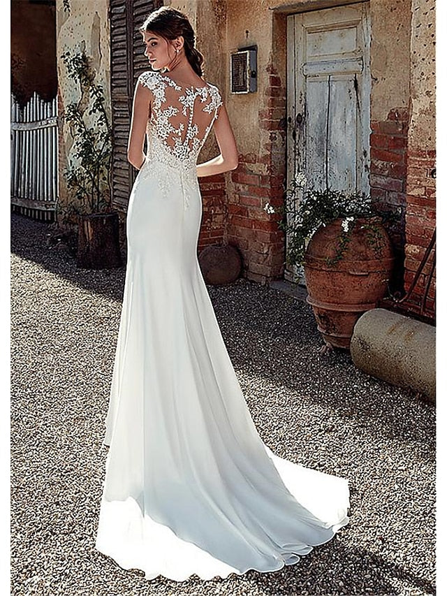 Beach Open Back Wedding Dresses Mermaid / Trumpet Illusion Neck Cap Sleeve Court Train Chiffon Bridal Gowns With Appliques 2023 Summer Wedding Party, Women's Clothing - LuckyFash™