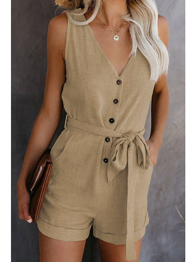 Women's Romper Lace up Button Front Solid Color V Neck Casual Daily Going out Regular Fit Sleeveless Light Blue ArmyGreen Blue S M L Spring - LuckyFash™