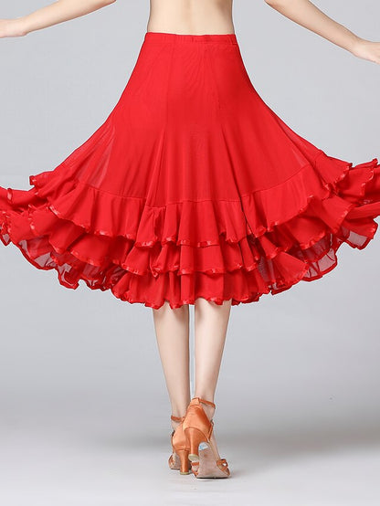 Ballroom Waltz Modern Dancing Latin Dance Skirts Pleats Cascading Ruffles Wave-like Women's Training Performance Natural Mesh Milk Fiber - LuckyFash™