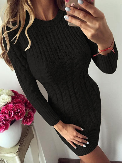 Women's Sweater Dress Crew Neck Cable Knit Cotton Acrylic Hollow Out Fall Winter Outdoor Sport Going out Stylish Casual Soft Long Sleeve Solid Color Silver Light Blue claret S M L