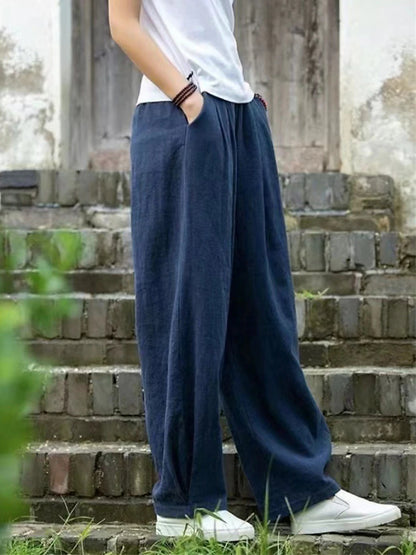 Women's Wide Leg Linen Cotton Blend Plain Black Dark Navy Vintage High Waist Full Length Street Daily Fall Winter