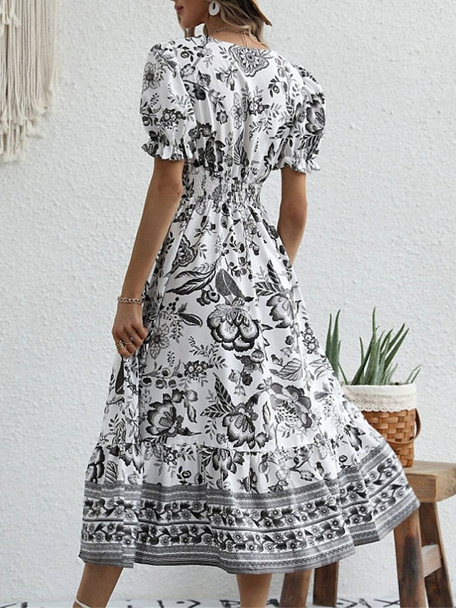 Women's Casual Dress Summer Dress Print Dress Floral Ruched Print V Neck Puff Sleeve Midi Dress Active Fashion Outdoor Street Short Sleeve Loose Fit Black Red Blue Summer Spring S M L XL XXL - LuckyFash™