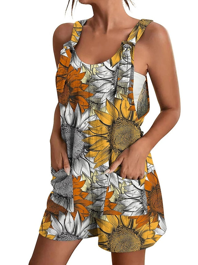 Womens Jumpsuits Casual Summer Overall Pocket Print Floral Crew Neck Streetwear Daily Vacation Regular Fit Sleeveless Black White Yellow S M L - LuckyFash™