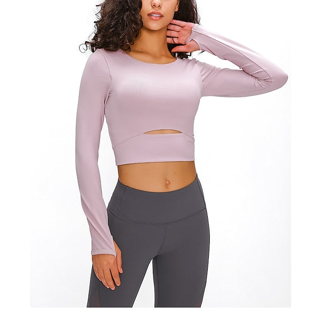 Women's Running T-Shirt Crop Top Solid Color Yoga Fitness Thumbhole Cut Out Crop Top Black White Pink Crew Neck Long Sleeve High Elasticity Spring &  Fall