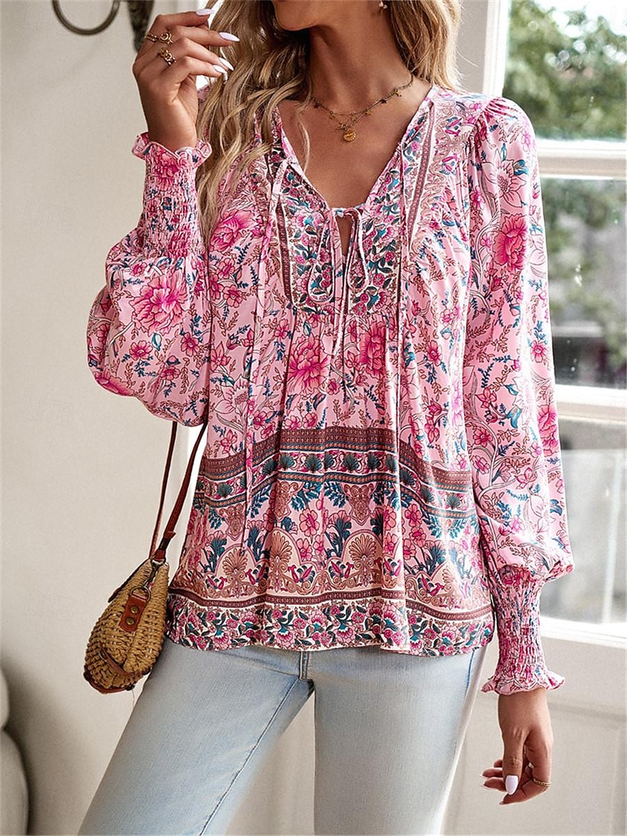 Women's Shirt Blouse Floral Vacation Beach Lace up Print Pink Long Sleeve Casual Boho V Neck Summer