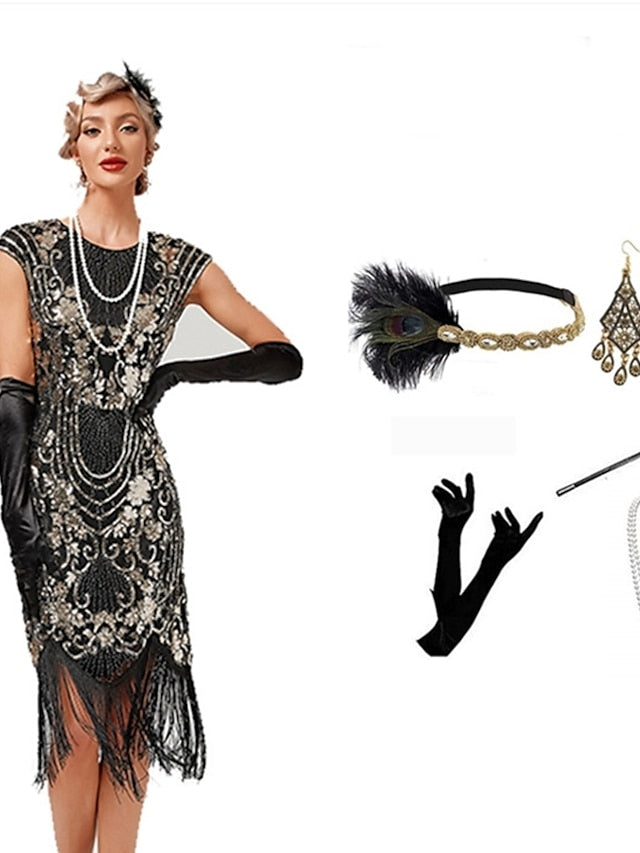 The Great Gatsby Charleston Plus Size Roaring 20s 1920s Cocktail Dress Vintage Dress Flapper Dress Prom Dress Prom Dresses Women's Feather Costume Vintage Cosplay 1 Necklace New Year - LuckyFash™