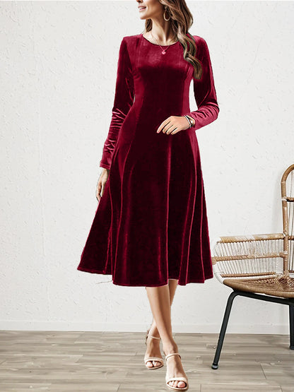 Women's Velvet Dress Party Dress Cocktail Dress Velvet Ruched Crew Neck Long Sleeve Midi Dress Christmas Birthday Black Wine Spring Winter