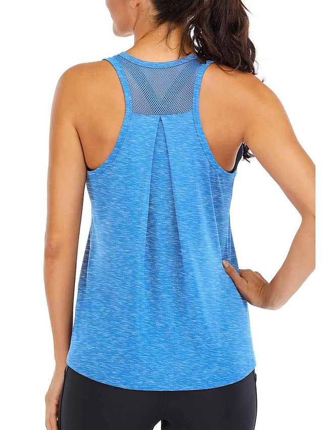 Women's Yoga Top Patchwork Racerback Light Blue Black Mesh Fitness Gym Workout Running Tank Top T Shirt Sport Activewear 4 Way Stretch Breathable Moisture Wicking High Elasticity Loose Fit - LuckyFash™