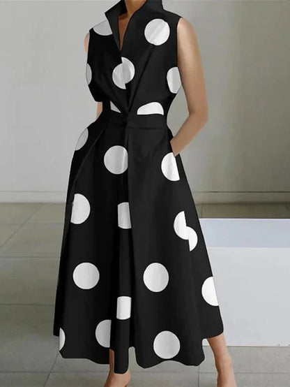 Women's Shirt Dress Casual Dress Swing Dress Maxi long Dress Outdoor Office Daily Satin Fashion Modern Shirt Collar Button Pocket Sleeveless Summer Spring 2023 Regular Fit Black White Green Polka Dot - LuckyFash™