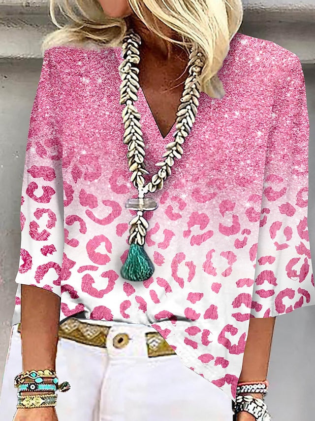 Women's Shirt Blouse Leopard Casual Print Pink 3/4 Length Sleeve Basic Neon & Bright V Neck