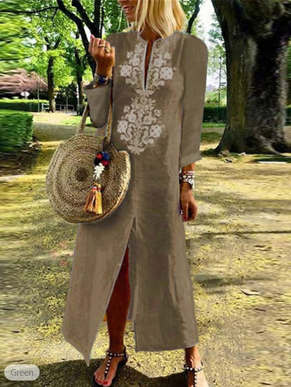 Women's V-Neck Embroidered Cotton Linen Maxi Dress Casual Split Long Sleeve for Summer Spring Fall 2024 Spring