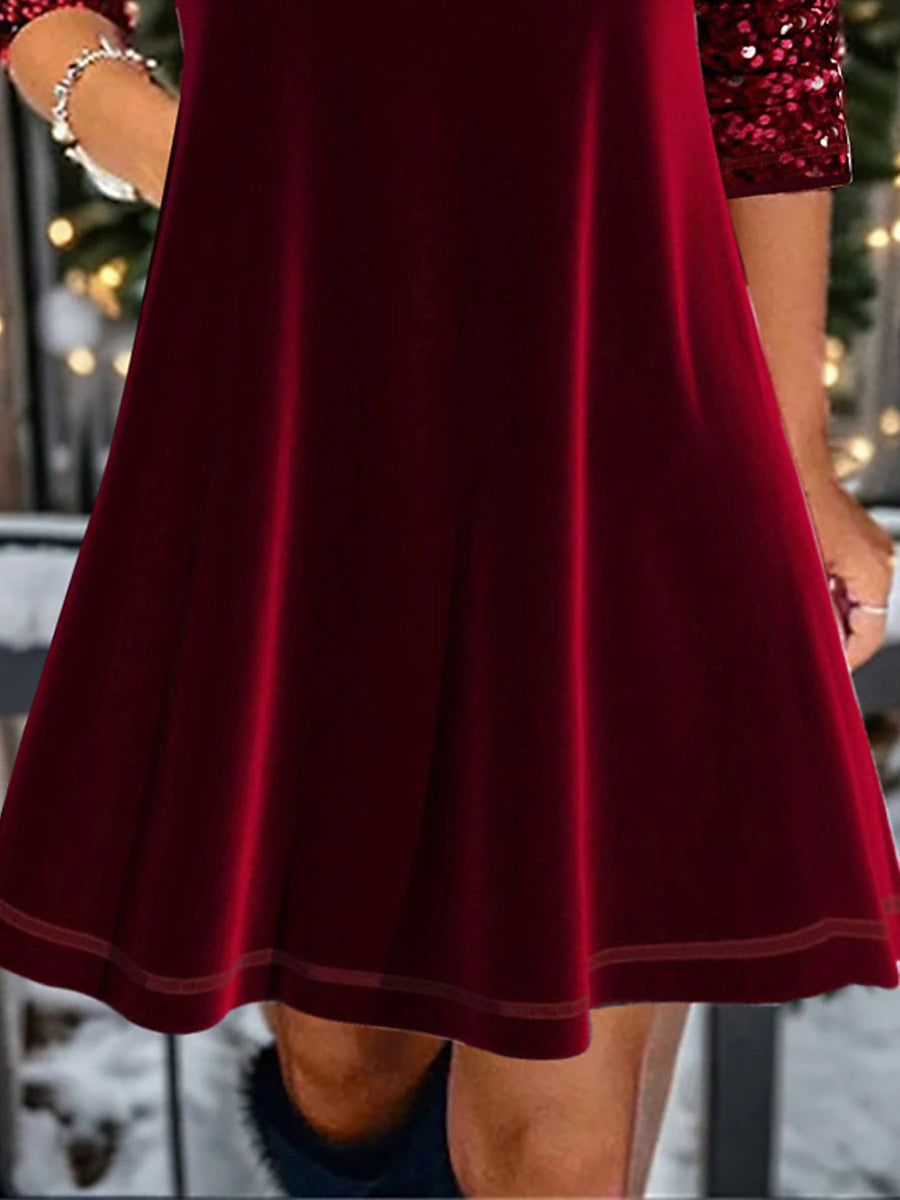 Women's Velvet Dress Sequin Dress Party Dress Velvet Sequins Cut Out Crew Neck Long Sleeve Mini Dress Christmas Birthday Wine Spring Winter