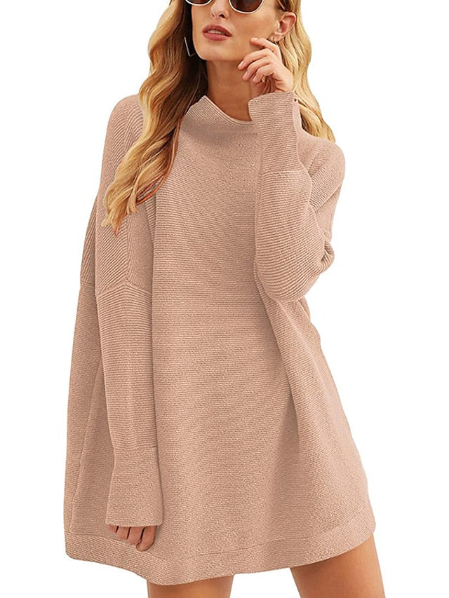 Women's Pullover Sweater Jumper Turtleneck Ribbed Knit Acrylic Patchwork Lantern Sleeve Winter Long Outdoor Stylish Elegant Casual Long Sleeve Solid Color Black White Pink S M L