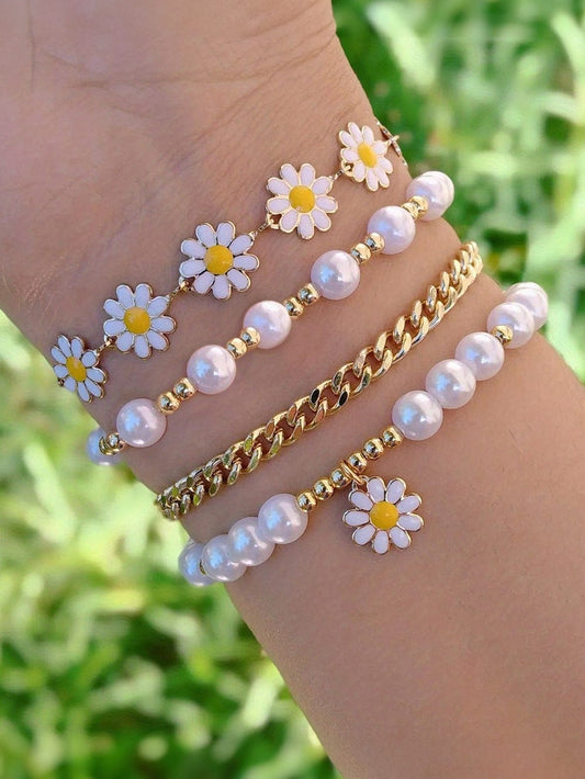 White 4pcs Daisy Pearl Beaded Chain Bracelet Set