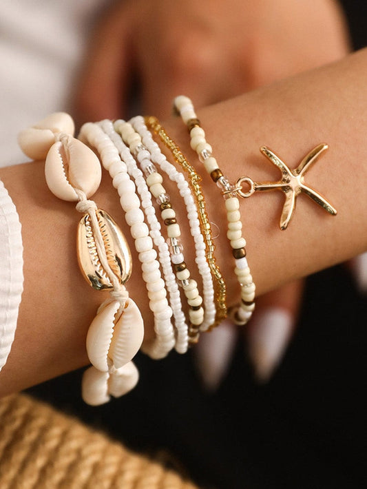 White 7pcs Bohemian Shell Starfish Beaded Bracelets