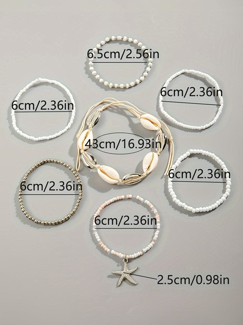 White 7pcs Starfish Seashell Beaded Bracelet Set