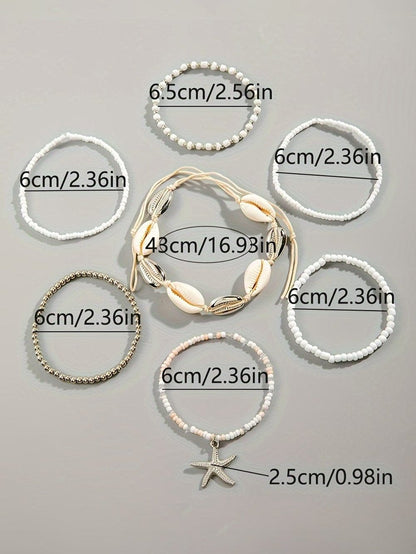 White 7pcs Starfish Seashell Beaded Bracelet Set