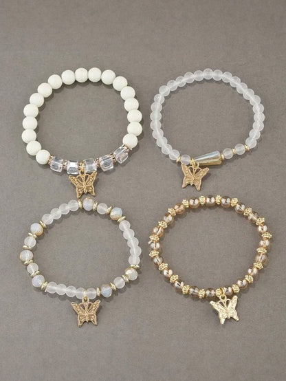 White Bohemian Butterfly Beaded 4Pcs Bracelet Set