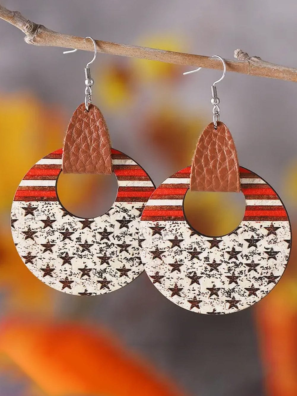 White Flag Print Round Wooden Dangle Earrings